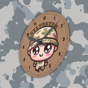 Cute Kawaii Army Camouflage Monogram på Brown   Rund Klocka