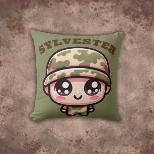 Cute Kawaii Army Camouflage Monogram på Grönt   Kudde