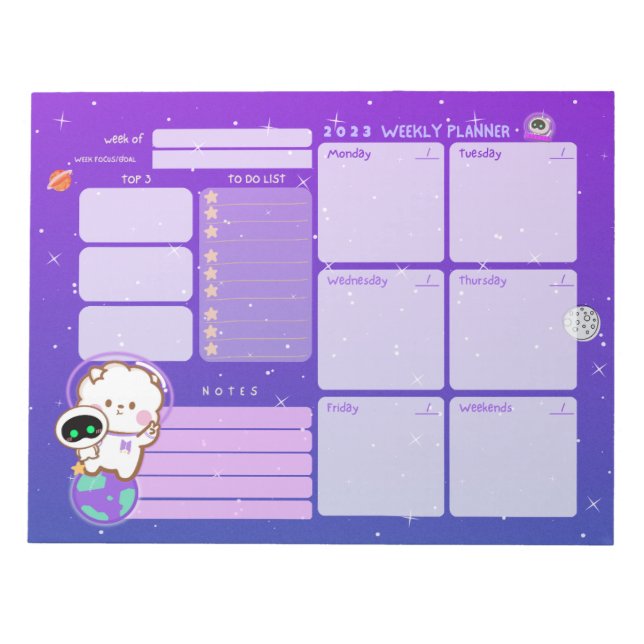 Cute Kawaii Astronaut Undated Weekly Planner Anteckningsblock (Framsida)