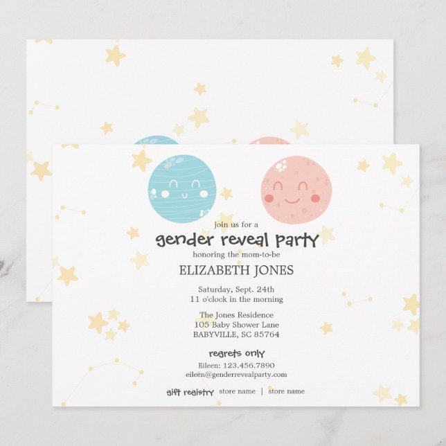 Cute Kawaii Astronomy Baby Gender Reveal Party Inbjudningar (Fram/baksida)