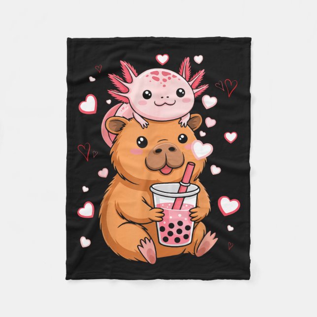Cute Kawaii Axolotl Capybara Bubble Tea Boys Girls Fleecefilt (Framsidan)