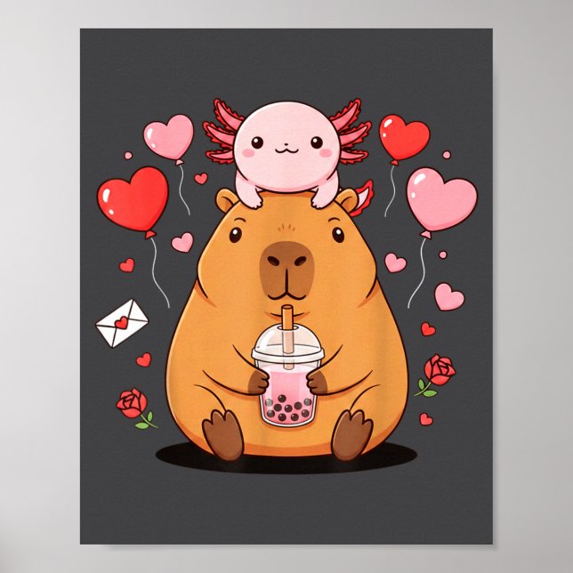 Cute Kawaii Axolotl Capybara Bubble Tea Boys Girls Poster (Framsidan)