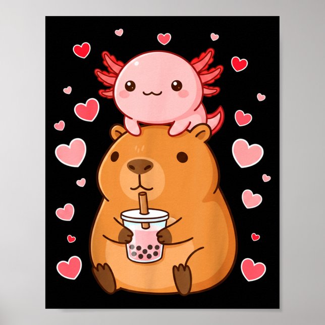 Cute Kawaii Axolotl Capybara Bubble Tea Boys Girls Poster (Framsidan)