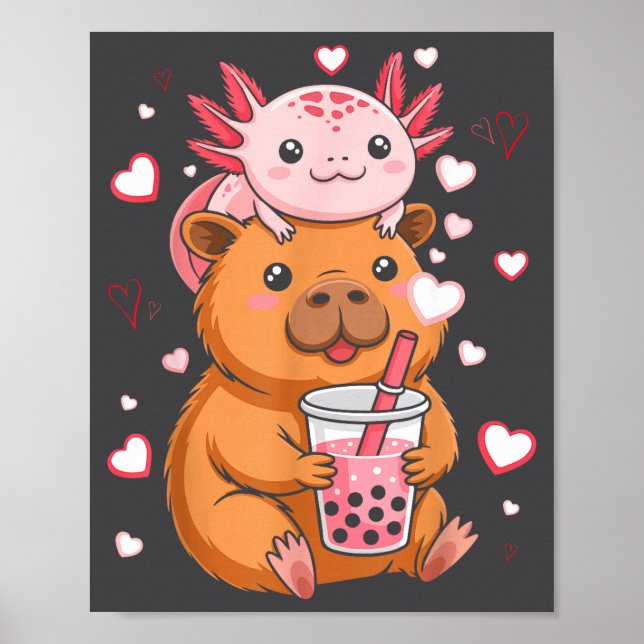 Cute Kawaii Axolotl Capybara Bubble Tea Boys Girls Poster (Framsidan)