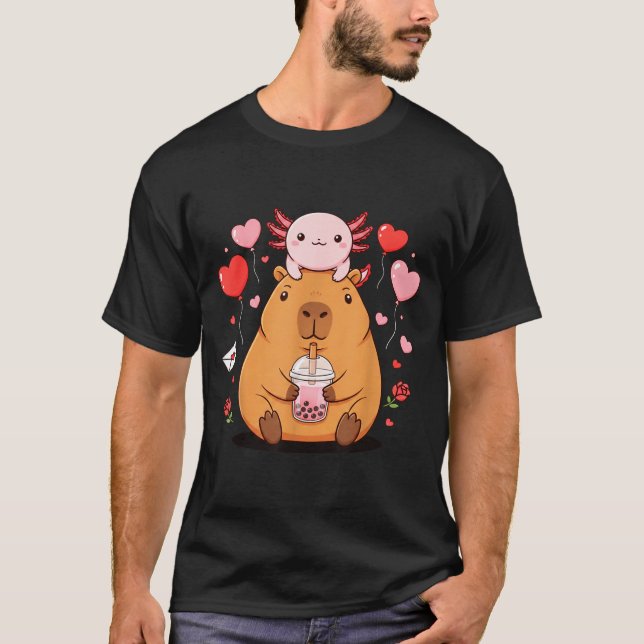 Cute Kawaii Axolotl Capybara Bubble Tea Boys Girls T Shirt (Framsida)