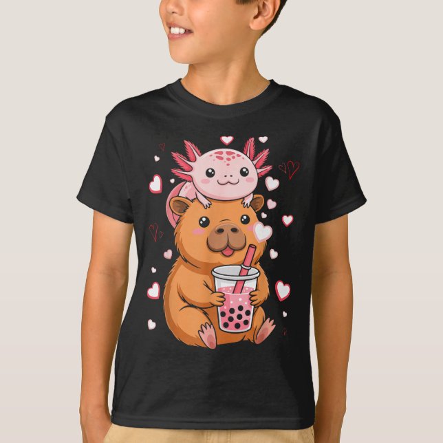 Cute Kawaii Axolotl Capybara Bubble Tea Boys Girls T Shirt (Framsida)