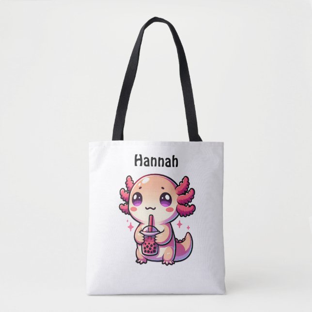 Cute Kawaii Axolotl med Bubble Tea Personlig Tygkasse (Framsida)