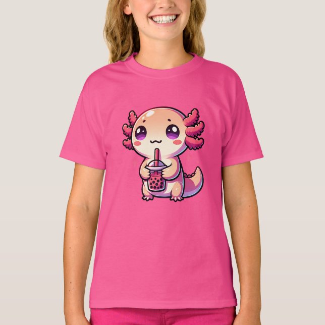 Cute Kawaii Axolotl med Bubble Tea T Shirt (Framsida)