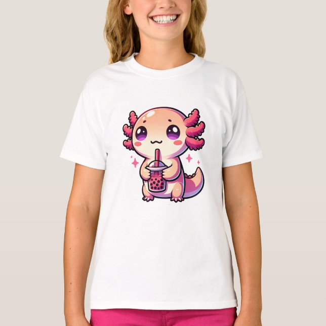 Cute Kawaii Axolotl med Bubble Tea T Shirt (Framsida)
