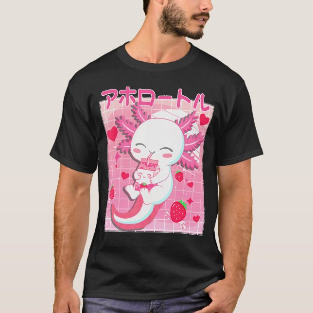 Cute Kawaii Axolotl Strawberry Mjölk Japansk Anime T Shirt (Framsida)