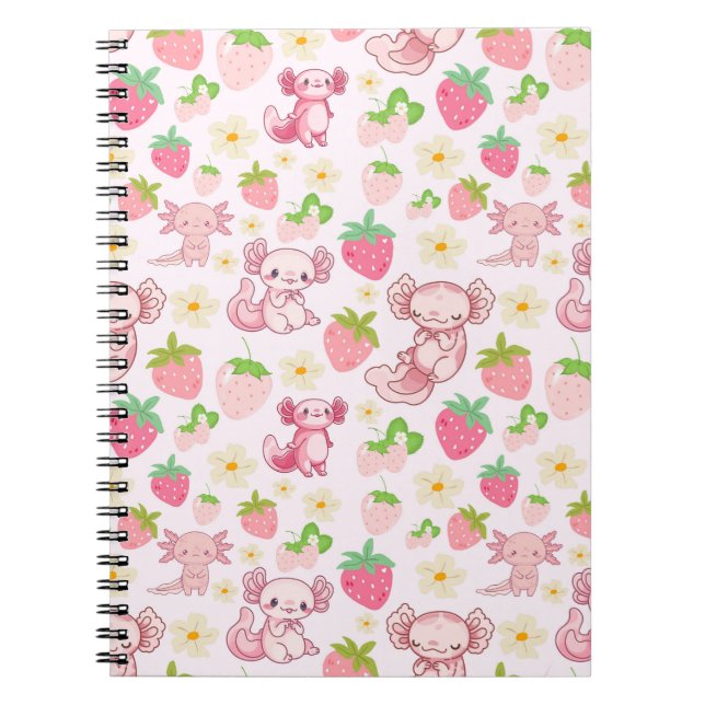 Cute Kawaii Axolotl & Strawberry Seamless Pattern Anteckningsbok (Framsidan)