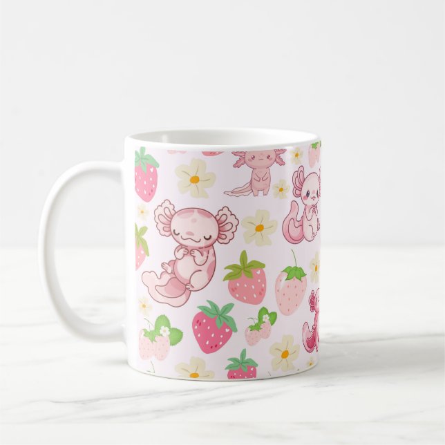 Cute Kawaii Axolotl & Strawberry Seamless Pattern Kaffemugg (Vänster)