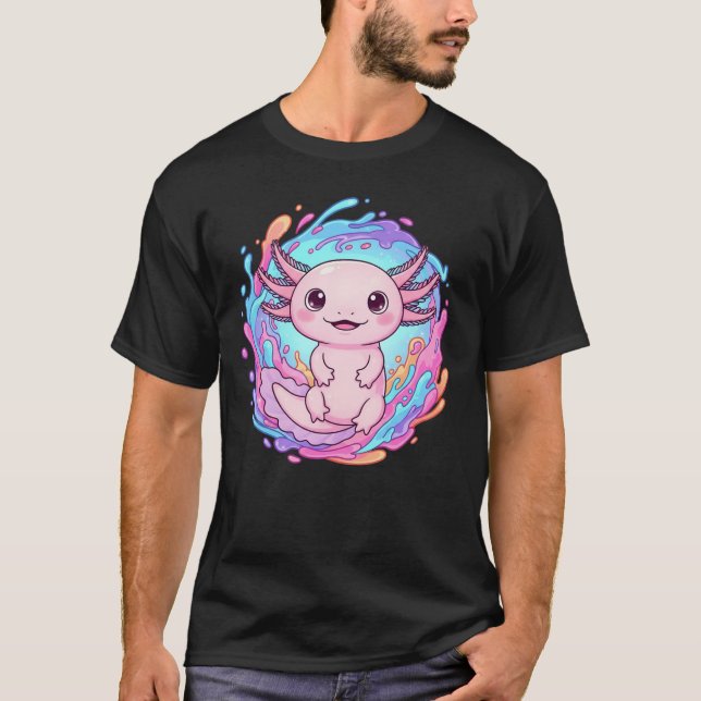 Cute Kawaii Axolotl Water Splash Art T Shirt (Framsida)