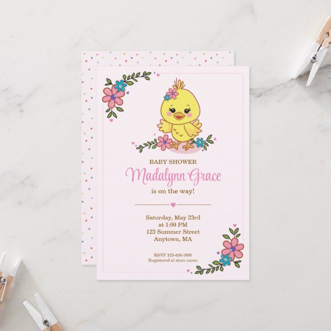 Cute Kawaii Baby Chick Baby Shower Invitation Pink Inbjudningar (Fram/Back In Situ)