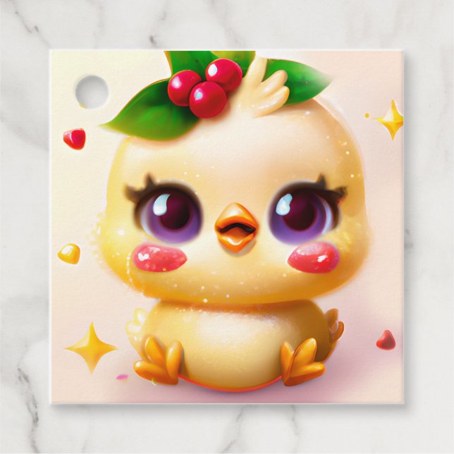 Cute Kawaii Baby Chicken med Holly Gåvor Etiketter (Framsida)