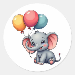 Cute Kawaii Baby Elephant med färgstarka ballonger Runt Klistermärke