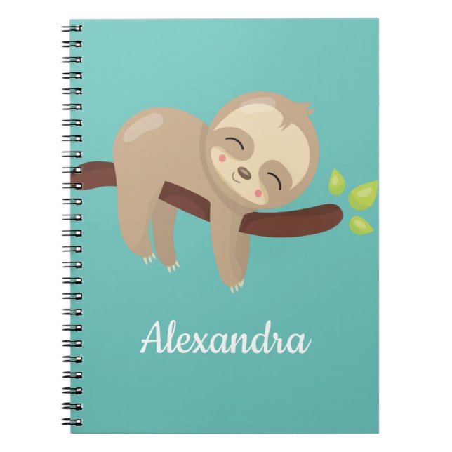 Cute Kawaii Baby Sloth i Träd på Light Teal Blue Anteckningsbok (Framsidan)