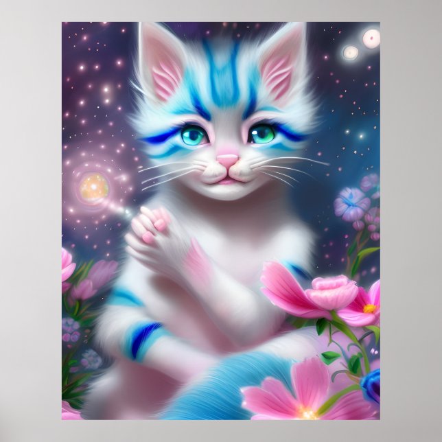 Cute Kawaii baby stripe rosa och blåkattkattunge Poster (Framsidan)