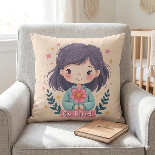 Cute Kawaii "Be Kind" Illustration - Wholesome Art Kudde (Cute Kawaii Be Kind Illustration Throw Pillow Mockup A)