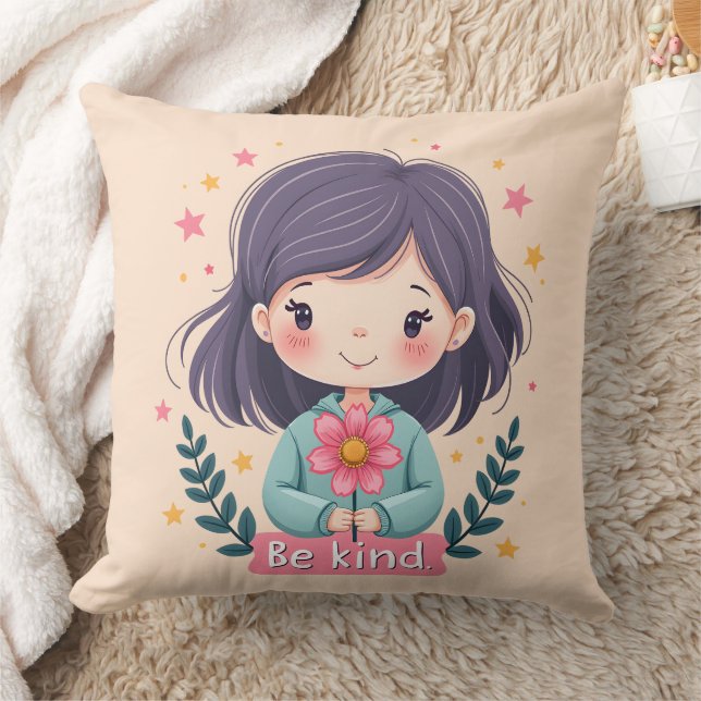 Cute Kawaii "Be Kind" Illustration - Wholesome Art Kudde (Filt)