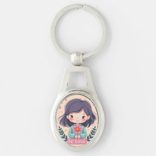 Cute Kawaii "Be Kind" Illustration - Wholesome Art Ovalt Silverfärgad Nyckelring
