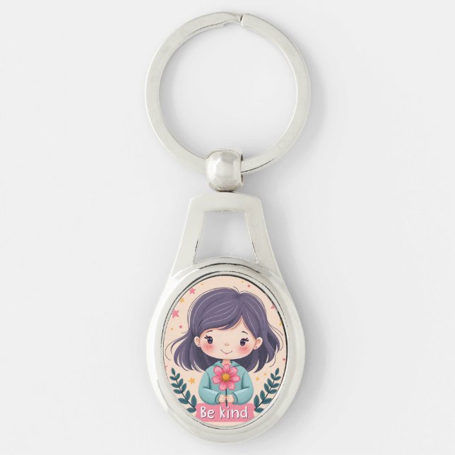 Cute Kawaii "Be Kind" Illustration - Wholesome Art Ovalt Silverfärgad Nyckelring (Framsidan)