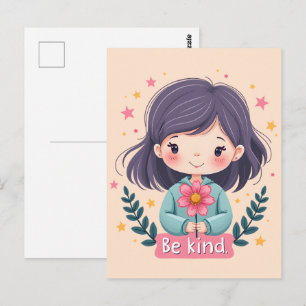Cute Kawaii "Be Kind" Illustration - Wholesome Art Vykort