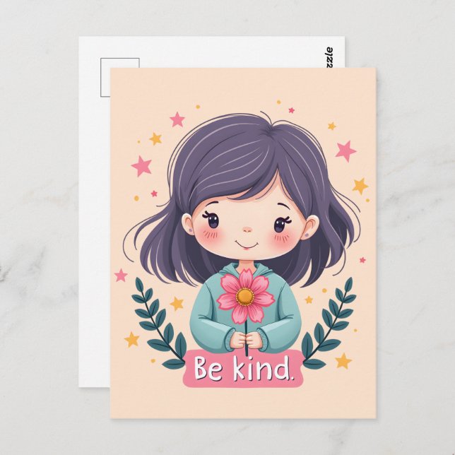 Cute Kawaii "Be Kind" Illustration - Wholesome Art Vykort (Fram/baksida)