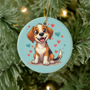 Cute Kawaii Beagle med Hearts Playful Hund Art Julgransprydnad Keramik