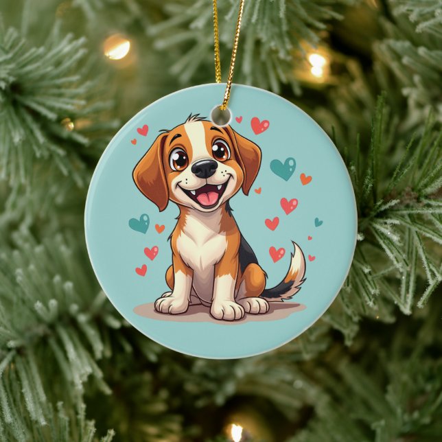 Cute Kawaii Beagle med Hearts Playful Hund Art Julgransprydnad Keramik (Träd)