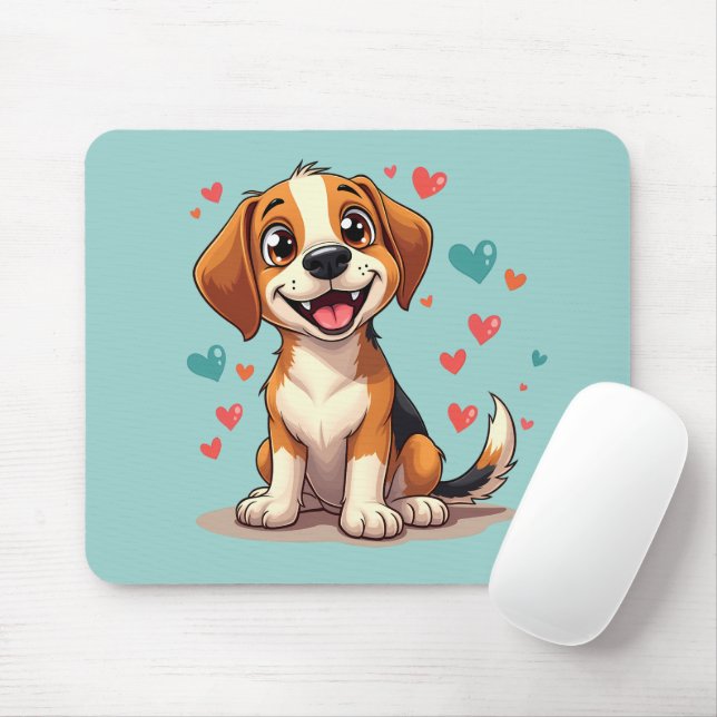 Cute Kawaii Beagle med Hearts Playful Hund Art Musmatta (Med mus)