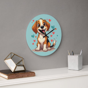 Cute Kawaii Beagle med Hearts Playful Hund Art Stor Klocka