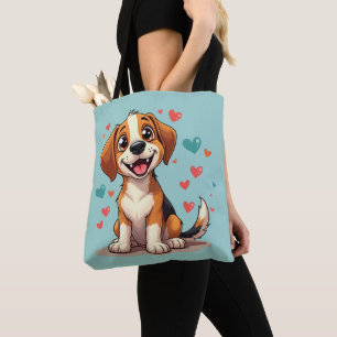 Cute Kawaii Beagle med Hearts Playful Hund Art Tygkasse