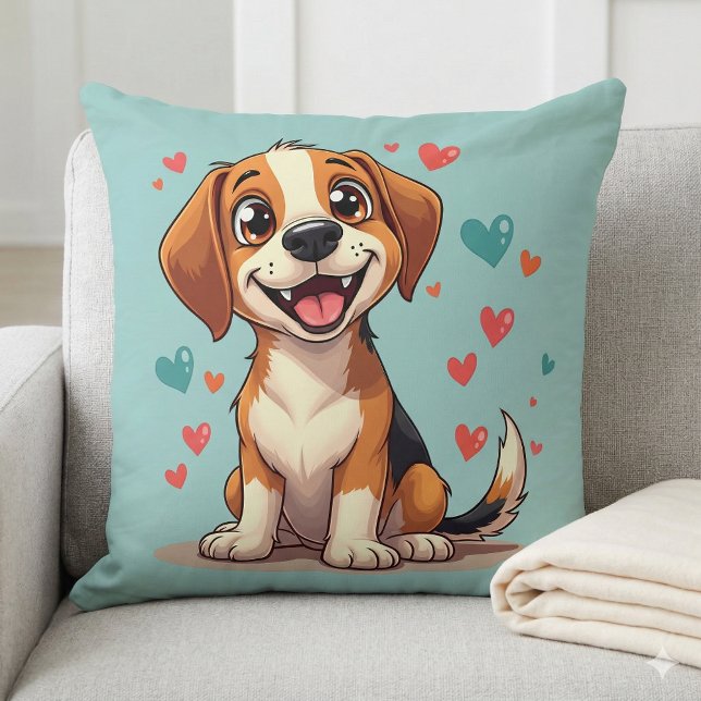 Cute Kawaii Beagle med hörselskadade Hund Kudde (Cute Kawaii Beagle with Hearts Playful Dog Throw Pillow Mockup A)