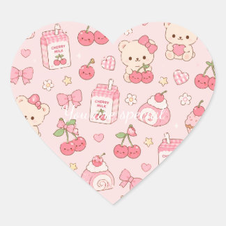Cute Kawaii Bear Cherry Pattern | Pink Pastel Hjärtformat Klistermärke