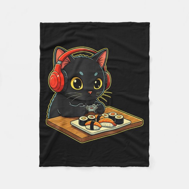 Cute Kawaii Black Cat Funny Sushi Retro Japanese C Fleecefilt (Framsidan)