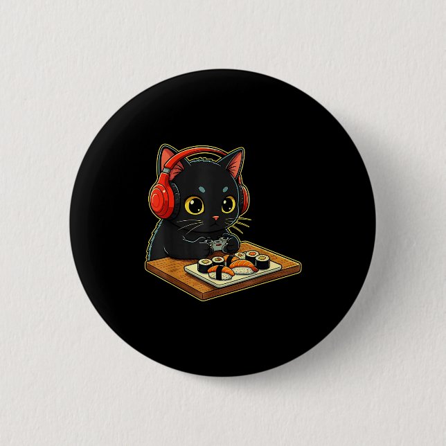 Cute Kawaii Black Cat Funny Sushi Retro Japanese C Knapp (Framsida)