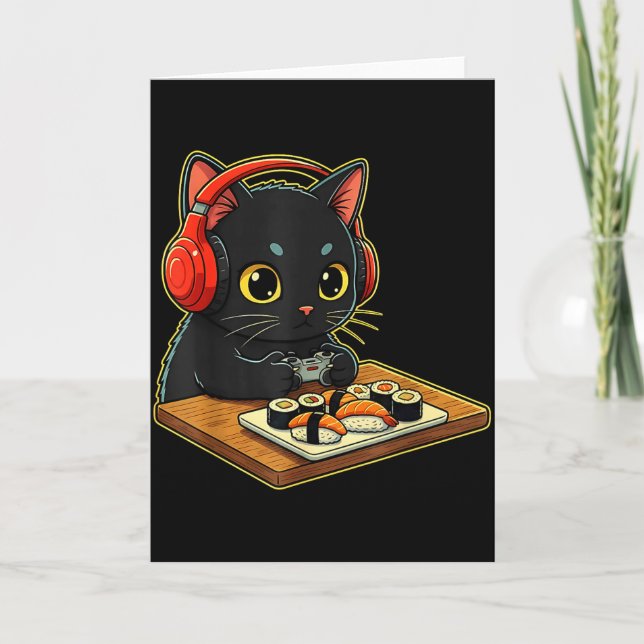 Cute Kawaii Black Cat Funny Sushi Retro Japanese C Kort (Framsida)