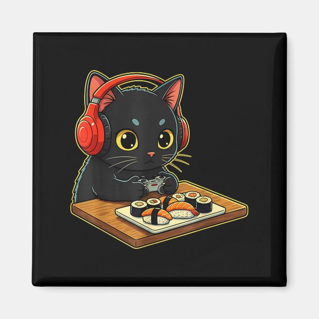 Cute Kawaii Black Cat Funny Sushi Retro Japanese C Magnet (Framsidan)