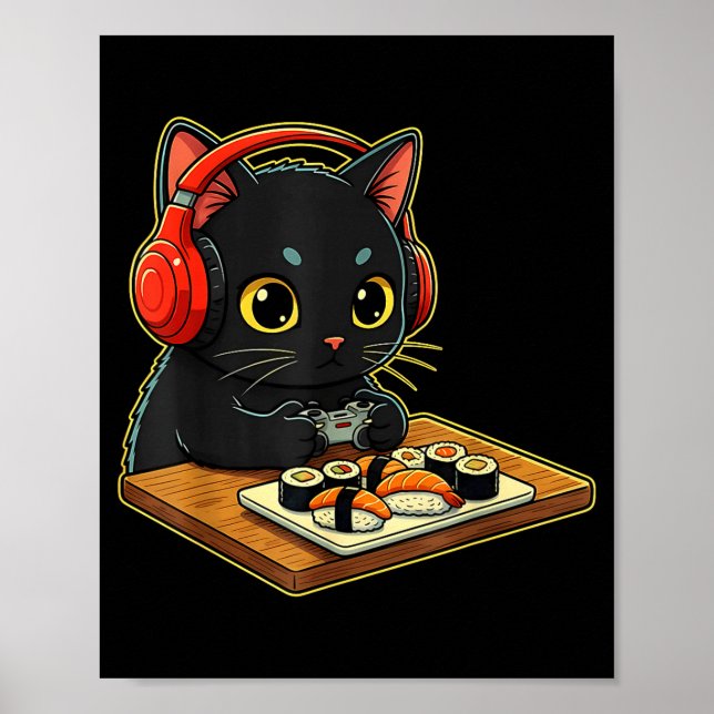 Cute Kawaii Black Cat Funny Sushi Retro Japanese C Poster (Framsidan)