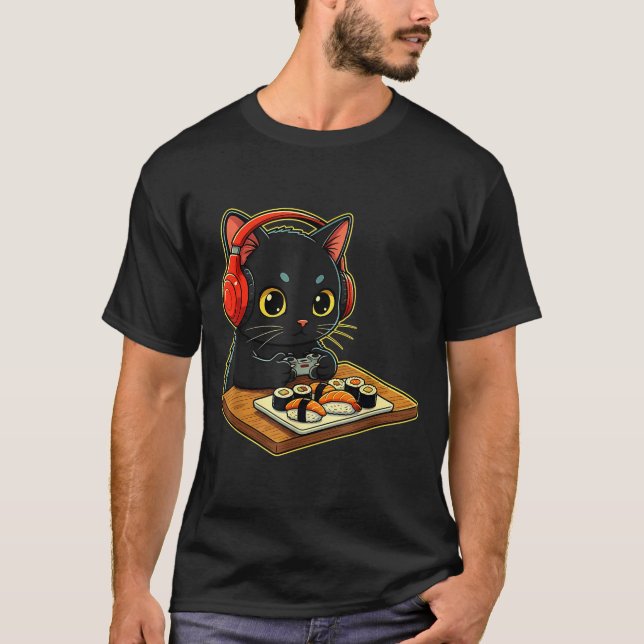 Cute Kawaii Black Cat Funny Sushi Retro Japanese C T Shirt (Framsida)
