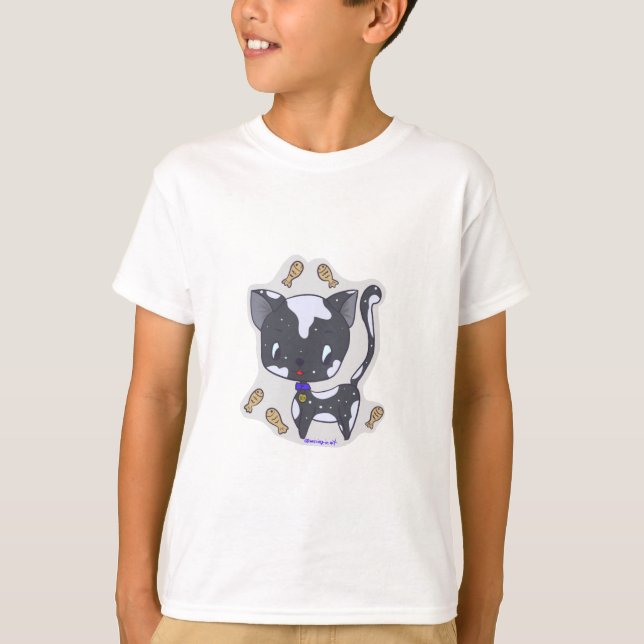 Cute Kawaii Black Cat med fiskpojkens T-shirt (Framsida)