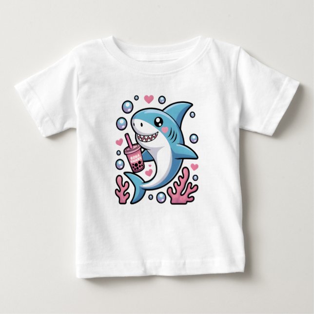 Cute Kawaii Blue Lycklig Shark Rosa Bubble Tea T Shirt (Framsida)