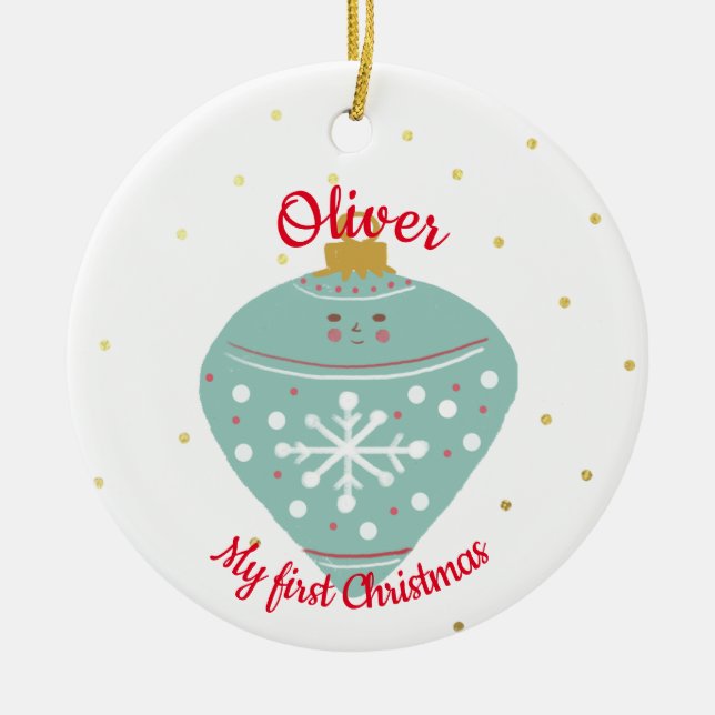 Cute Kawaii Blue Ornament Baby Första jul (Framsidan)