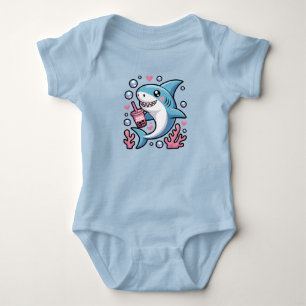 Cute Kawaii Blue Shark Rosa Bubble Tea T Shirt