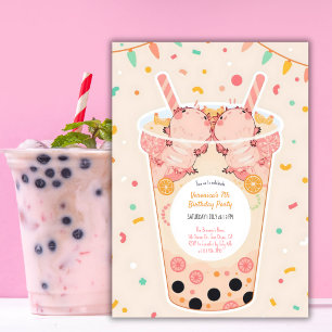 Cute Kawaii Boba Bubble Tea Axolotl Birthday Inbjudningar