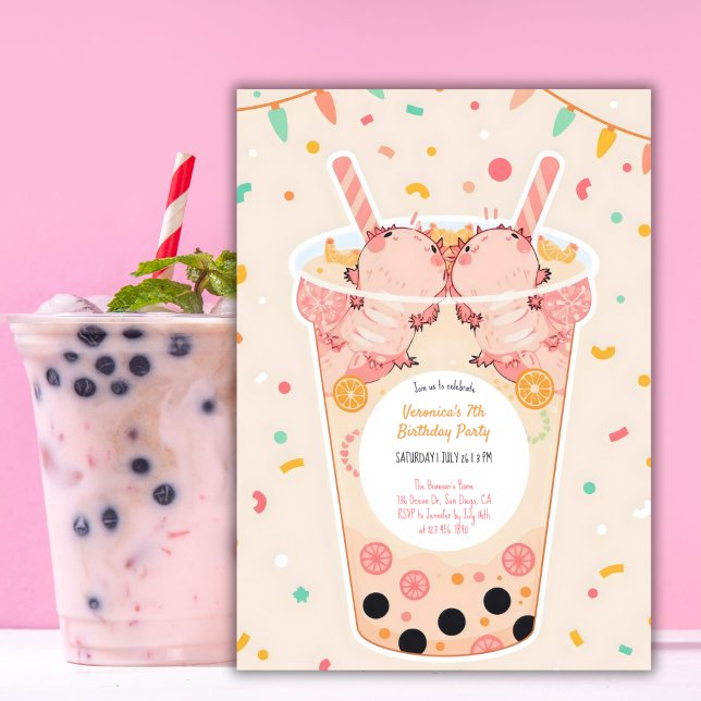 Cute Kawaii Boba Bubble Tea Axolotl Birthday Inbjudningar (Bubble Tea Axolotl Birthday Invitation Cute Kawaii Boba Birthday Party Invite)