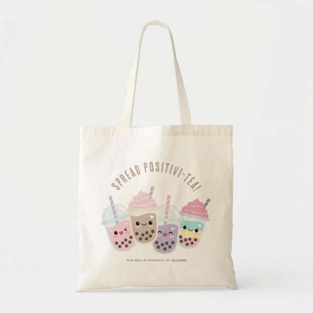 Cute Kawaii Boba Bubble Tea Tote Bag Tygkasse (Framsidan)