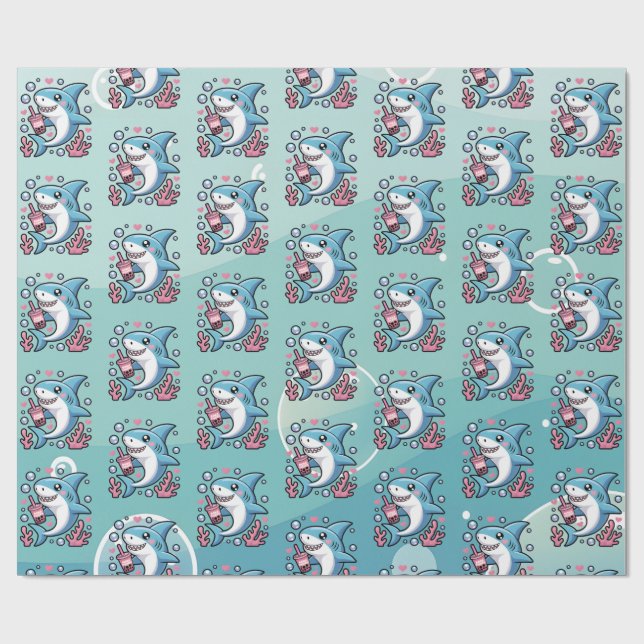 Cute Kawaii Boba Shark Mönster Presentpapper (Platt)
