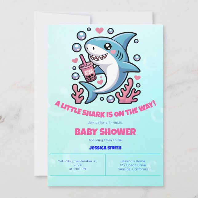 Cute Kawaii Boba Shark Rosa & Blue Baby Shower Inbjudningar (Framsida)